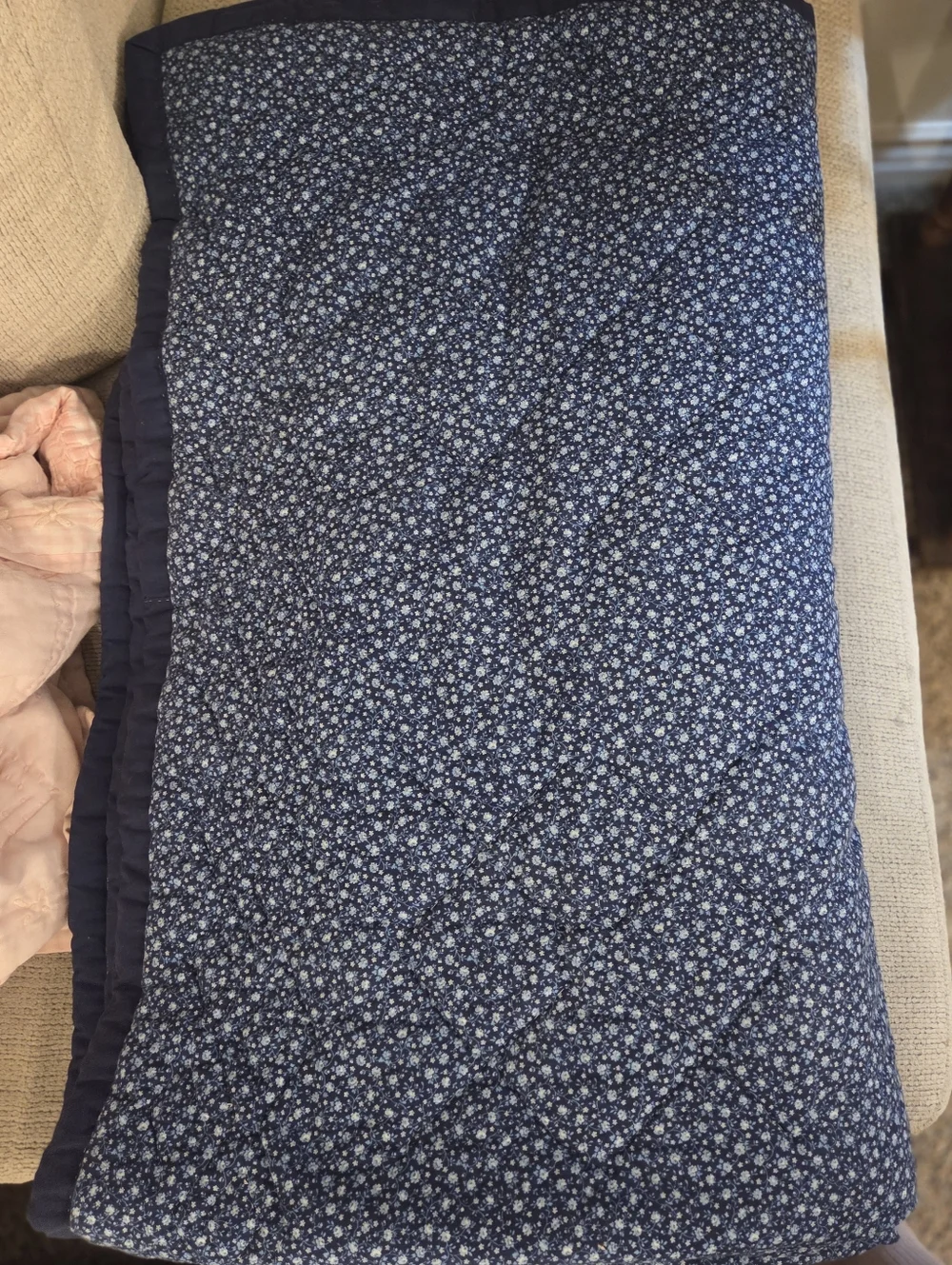 Patchwork Navy and Cream Quilt with Blue and Coral Accents